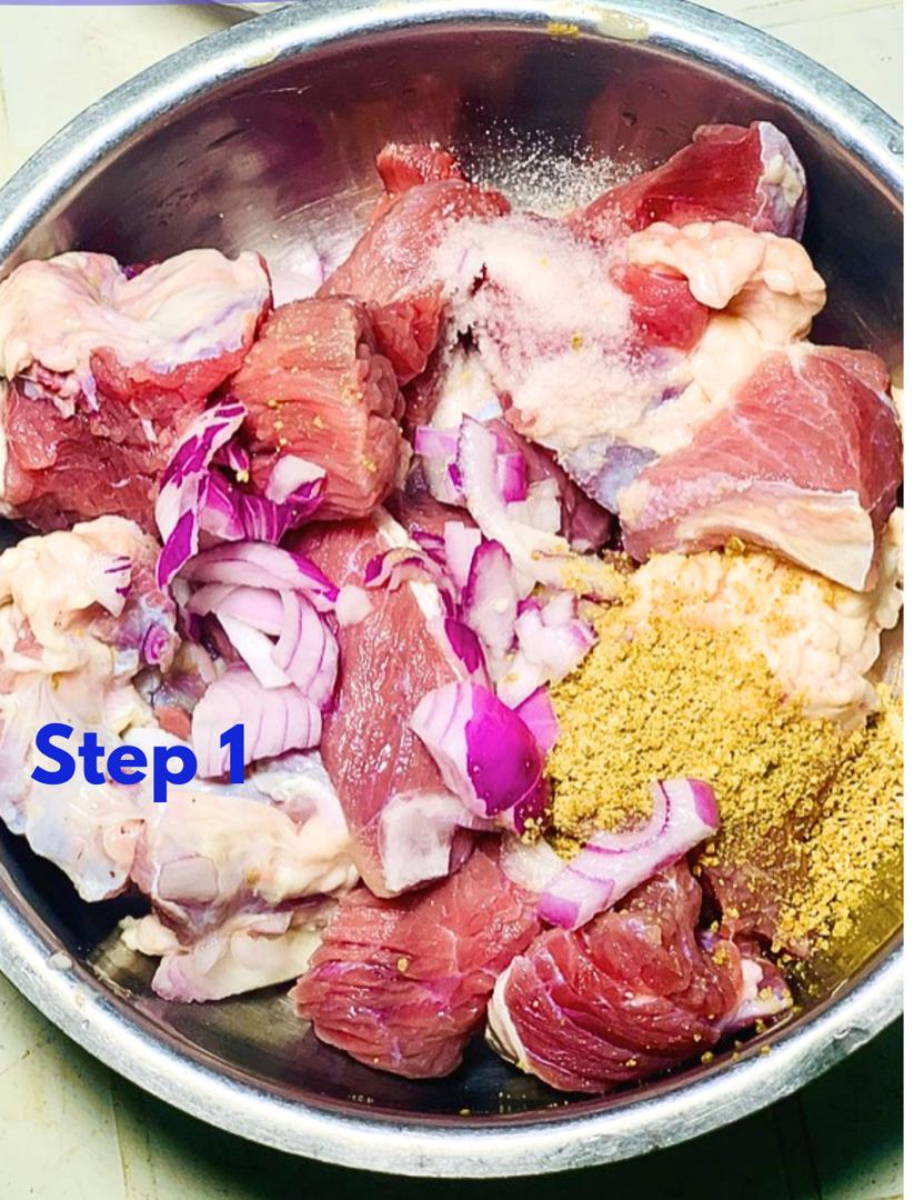 Preparing beef to make oil-less Nigerian Stew