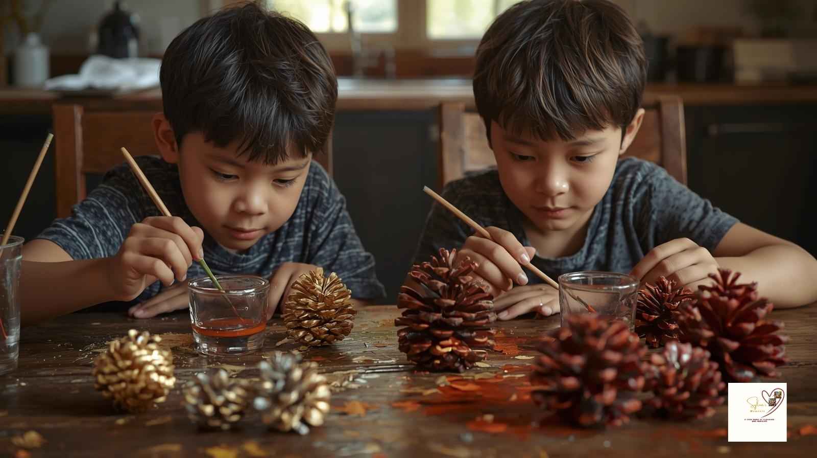 DIY-Thanksgiving-Decorations-on-a-Budget-Create-Cozy-Holiday Magic-Kids painting pinecones
