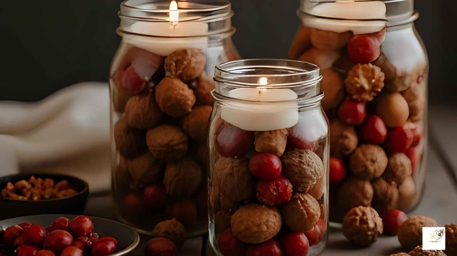  mason-jars-filled-with-acorns-and-berries-glowing-with-tea-light-candles
