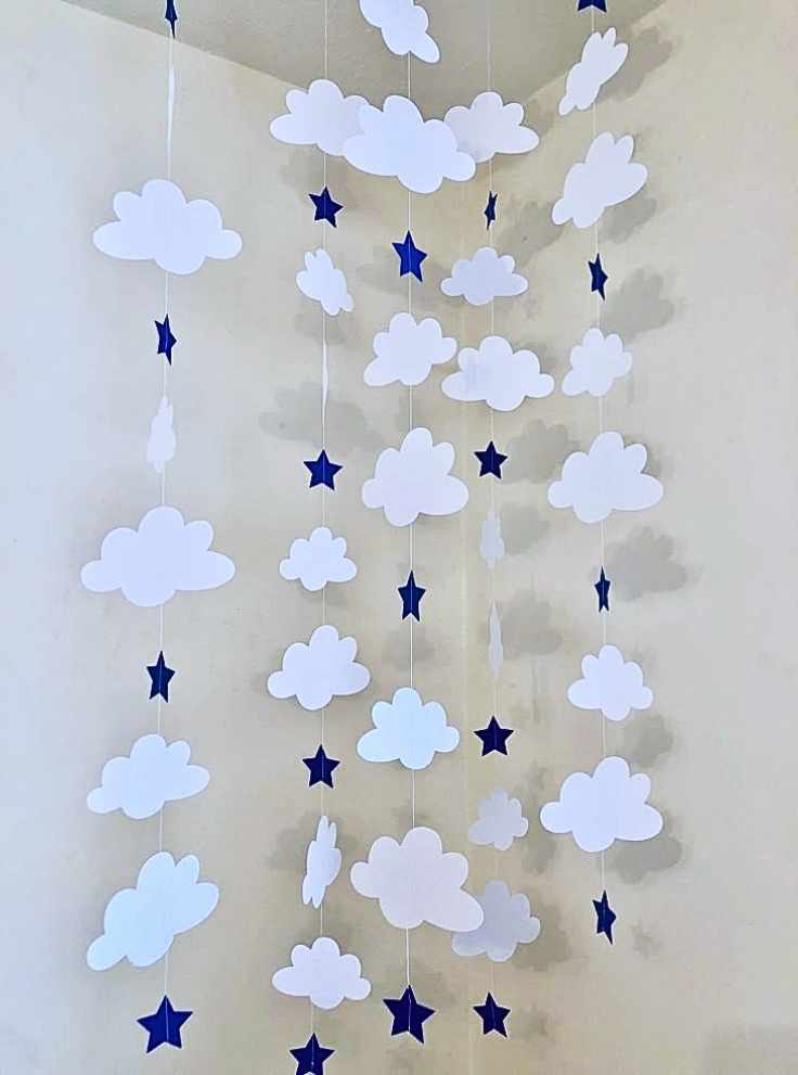 Cloud-Mobile-Garland-backdrop-31-Creative-Baby-shower-Backdrop-Ideas-(-Gender‑Neutral-&-Stunning-)