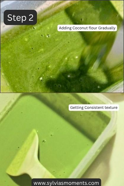 Adding-coconut-flour-and-mixing-3-ingredient-spinach-tortilla-wrap-keto-gluten-free-paleo